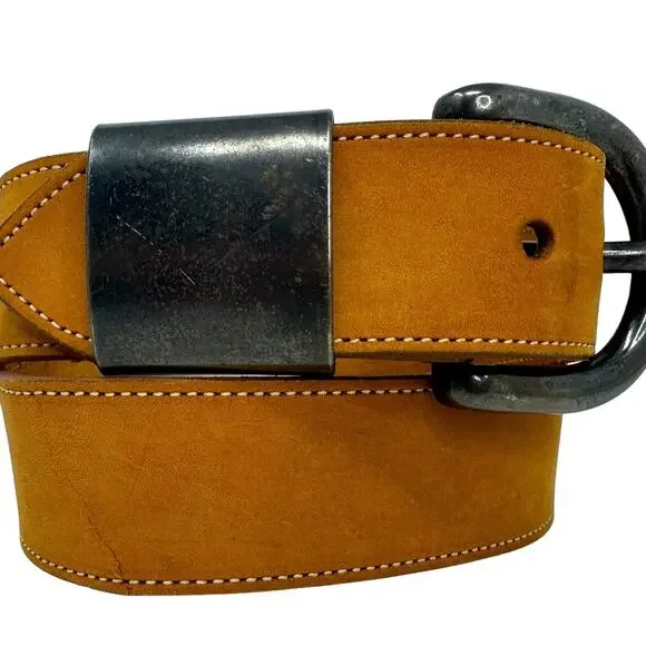 Calfskin Sturdy Soft Natural Color Brass Buckle Belt - TAN - Picture 2 of 7